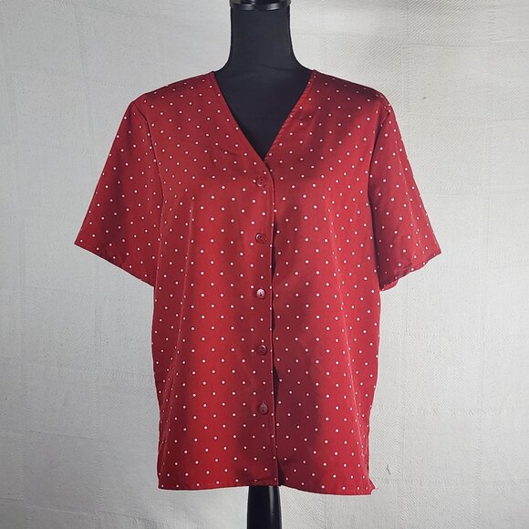 Kathie Lee Collection Vtg Brick Red White Polka Dot Poly Button Up SS Top Sz XL - Picture 1 of 16